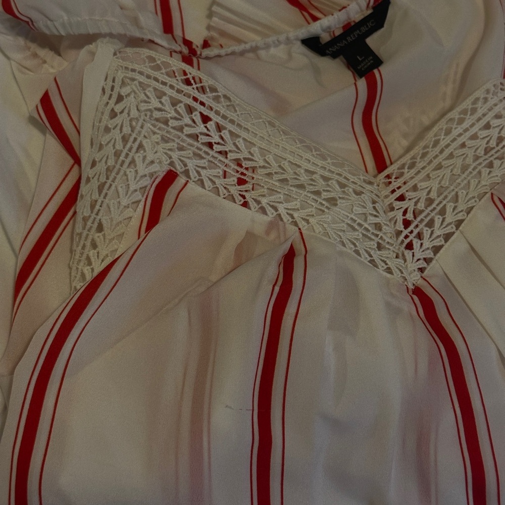 Banana Republic Semi-Sheer White Blouse with Red Stripes and Crochet Trim - Picture 7 of 9